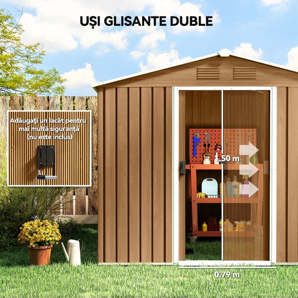 Outsunny Casută de Grădină, Magazie de Exterior pentru Unelte cu 2 Uși Culisante și 4 Prize de Aerisire, 236x174x190 cm, Gri | Aosom Romania