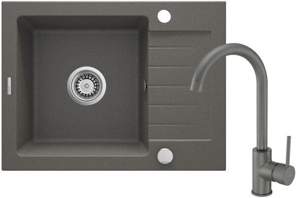 Deante Zorba, chiuveta granit 580x440x164 mm Z/KO, 3.5" + sifon cu economie de spatiu, 1 camera + baterie Nemezja, atracit metalic, ZQZAT11A