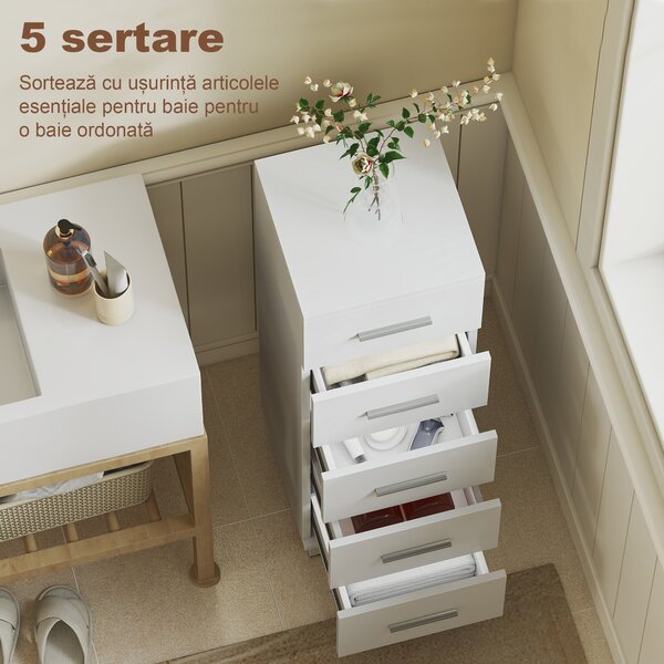 HOMCOM Comodă Slim cu 5 Sertare, Comodă Modernă pentru Baie, Dormitor sau Bucătărie, 30x30x95 cm, Alb | Aosom Romania