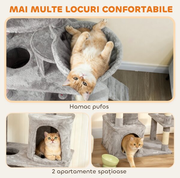 Pawhut Ansamblu de joacă pentru Pisici de 170 cm cu 7 Stâlpi Zgâriători, 2 Căsuțe, Hamac, Gri Deschis | Aosom Romania