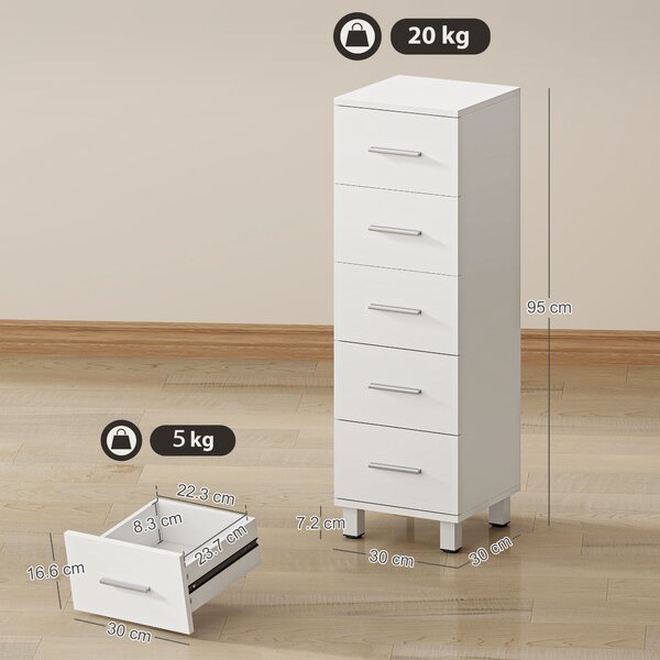 HOMCOM Comodă Slim cu 5 Sertare, Comodă Modernă pentru Baie, Dormitor sau Bucătărie, 30x30x95 cm, Alb | Aosom Romania