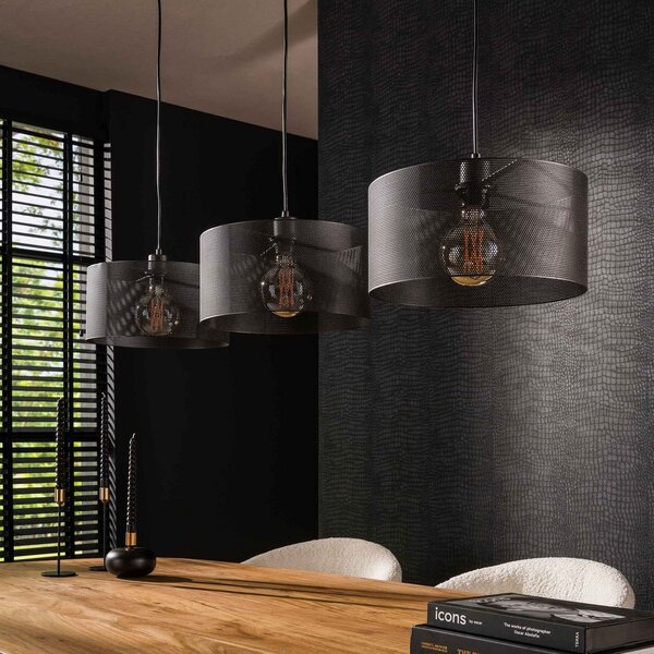 Zijlstra Lampă suspendată Tonno, 3 becuri, negru, metal, plasă, reglabil, Negru, Camera de zi / sufragerie, Metal, Modern