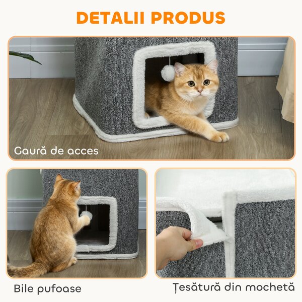 PawHut Ansamblu de joacă pentru Pisici cu 4 Nivele, 3 Bile de Jucărie din PAL, Textil și Pluș, 41x41x100 cm, Gri și Alb | Aosom Romania
