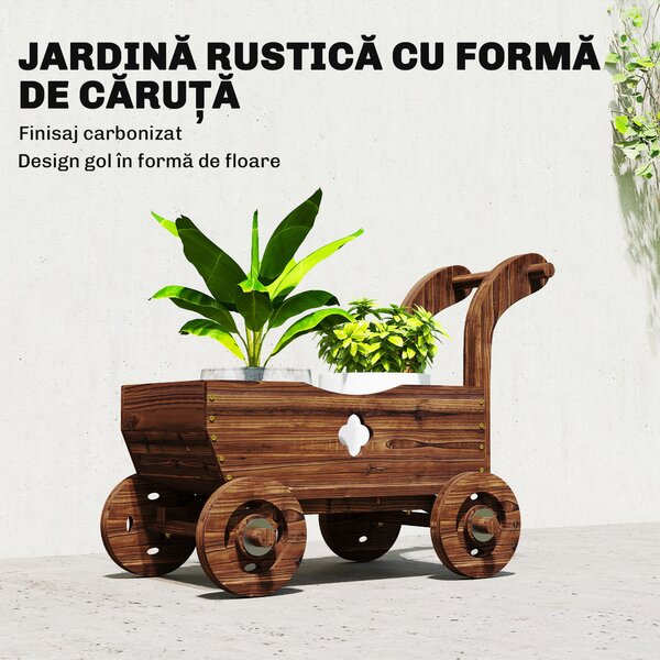 Outsunny Strat Înălțat pentru Grădină în Formă de Cărucior cu 4 Roți și Mâner, Ghiveci din Lemn de Molid cu Găuri de Drenaj, pentru Balcon, Terasă, 68x38x52 cm, Finisaj Carbonizat | Aosom Romania