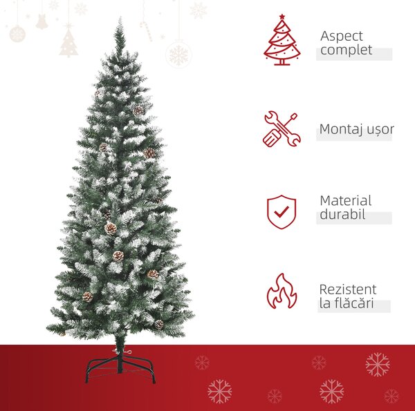 HOMCOM Brad de Crăciun Înzăpezit cu 464 crengi și 28 conuri, Brad Artificial cu Bază Detașabilă, Ø69x150 cm, Verde | Aosom Romania