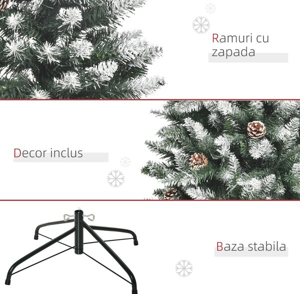HOMCOM Brad de Crăciun Înzăpezit cu 464 crengi și 28 conuri, Brad Artificial cu Bază Detașabilă, Ø69x150 cm, Verde | Aosom Romania