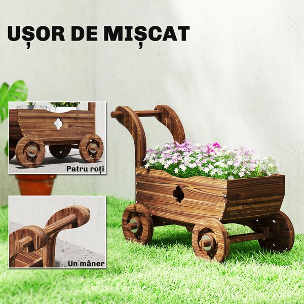 Outsunny Strat Înălțat pentru Grădină în Formă de Cărucior cu 4 Roți și Mâner, Ghiveci din Lemn de Molid cu Găuri de Drenaj, pentru Balcon, Terasă, 68x38x52 cm, Finisaj Carbonizat | Aosom Romania