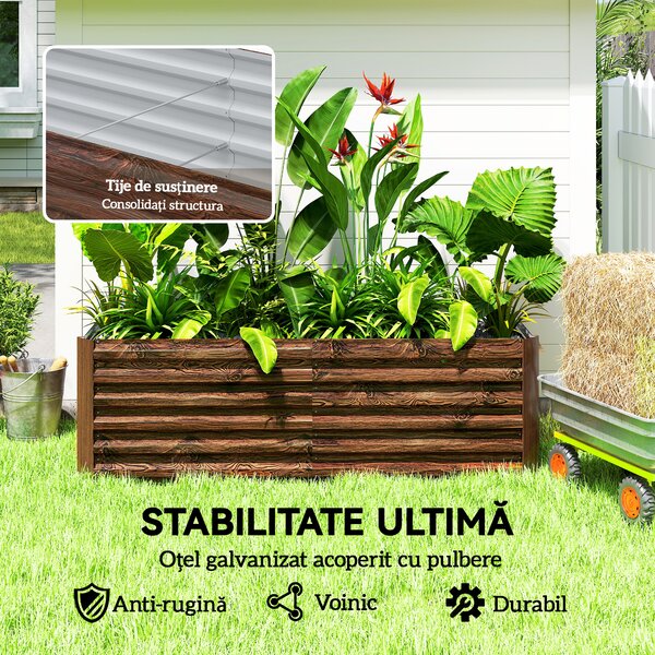 Outsunny Pat pentru Grădină Ridicat cu Fund Deschis și Bare de Suport, Ghiveci din Oțel Zincat pentru Flori și Legume, pentru Balcon sau Grădină, 180x90x57,5 cm, Maro Închis | Aosom Romania