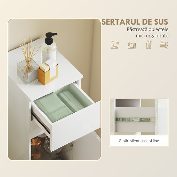 HOMCOM Dulap de Baie Suspendat cu Sertar și Ușă Lucioasă, Raft Reglabil din Sticlă Securizată, 30x34x79,4 cm, Alb Lucios | Aosom Romania