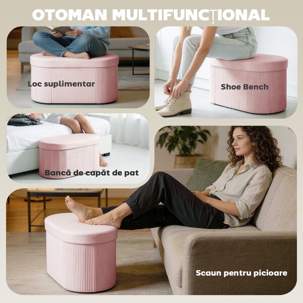 HOMCOM Pouf pliabil cu spațiu de depozitare modern, tapițat cu catifea, 72L, pentru living și dormitor, 76x38x35 cm, Roz | Aosom Romania