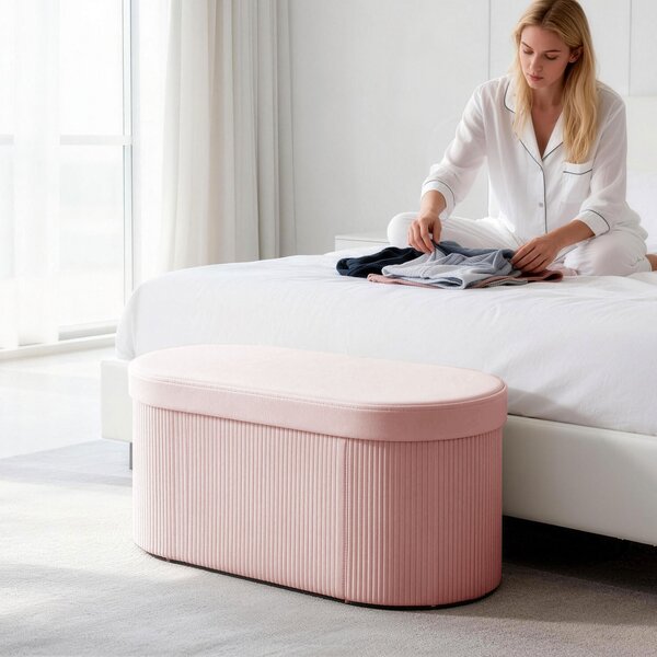 HOMCOM Pouf pliabil cu spațiu de depozitare modern, tapițat cu catifea, 72L, pentru living și dormitor, 76x38x35 cm, Roz | Aosom Romania