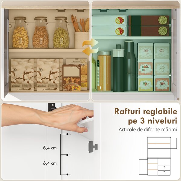 HOMCOM Bufet de Bucătărie Înalt 162 cm, Mobilier de Depozitare cu 2 Dulapuri, 2 Sertare, Suport Condimente, Orificii pentru Cabluri, Rafturi Reglabile, Blat pentru Cuptor cu Microunde, Suporturi pentru Cești, Alb | Aosom Romania