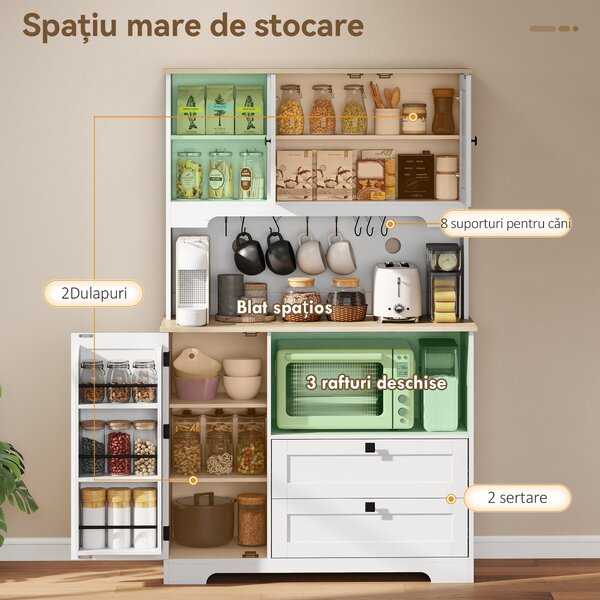 HOMCOM Bufet de Bucătărie Înalt 162 cm, Mobilier de Depozitare cu 2 Dulapuri, 2 Sertare, Suport Condimente, Orificii pentru Cabluri, Rafturi Reglabile, Blat pentru Cuptor cu Microunde, Suporturi pentru Cești, Alb | Aosom Romania