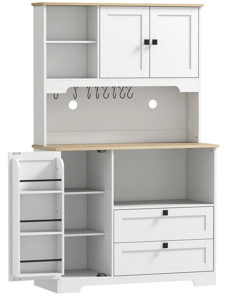 HOMCOM Bufet de Bucătărie Înalt 162 cm, Mobilier de Depozitare cu 2 Dulapuri, 2 Sertare, Suport Condimente, Orificii pentru Cabluri, Rafturi Reglabile, Blat pentru Cuptor cu Microunde, Suporturi pentru Cești, Alb | Aosom Romania