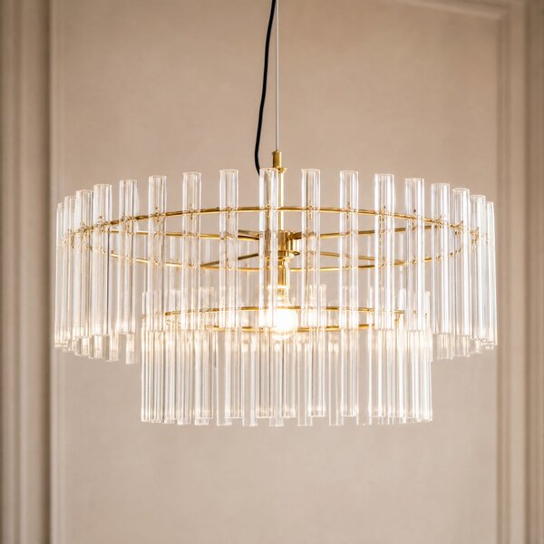Lucande Lampă suspendată Leanna, transparentă/alamă, Ø 54 cm, sticlă, reglabil, Transparent, Camera de zi / sufragerie, Sticlă, Modern