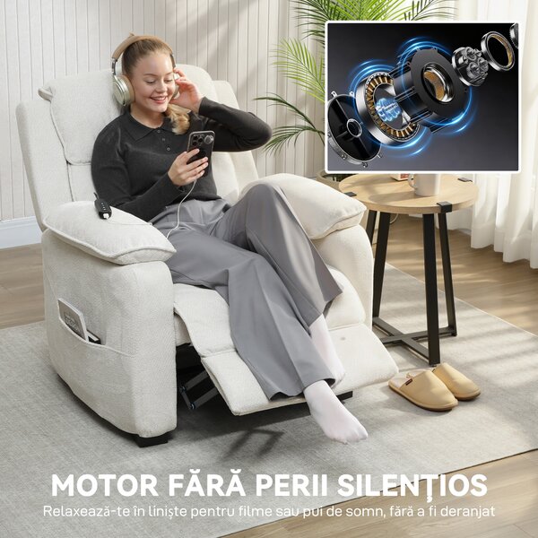 HOMCOM Fotoliu Electric Reclinabil 150° cu Suport pentru Picioare, Șezut Larg, Fotoliu Reclinabil Silențios, Port USB, Funcție Memorie, Telecomandă, din Catifea, pentru Living, Bej | Aosom Romania