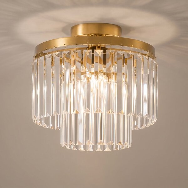 Lindby Plafonieră Felicity, Ø 30 cm, alamă, sticlă de cristal, reglabil, Transparent, Camera de zi / sufragerie, Sticlă, Modern