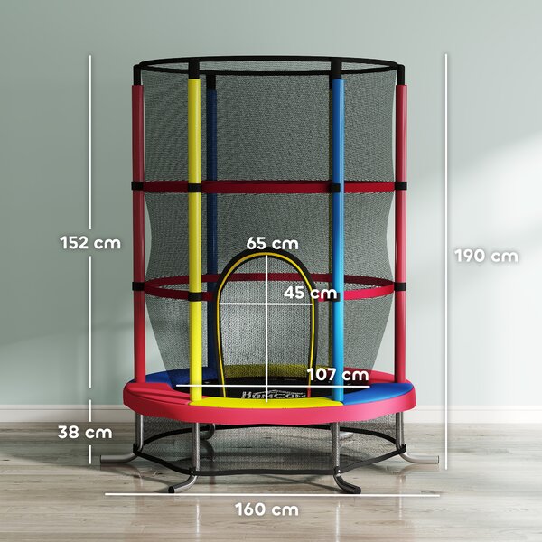HOMCOM Trambulină pentru Copii 3-6 Ani cu Plasă de Siguranță, Fără Arcuri, Picioare în L, pentru Interior și Exterior, Ø160x190 cm, Multicolor | Aosom Romania