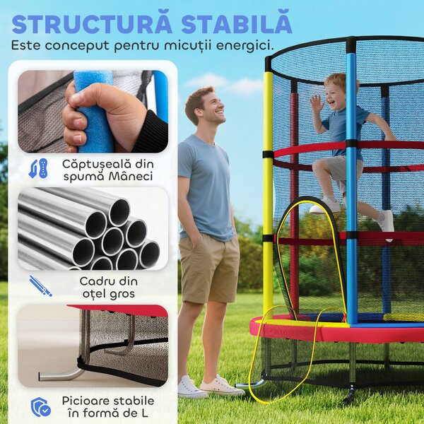 HOMCOM Trambulină pentru Copii 3-6 Ani cu Plasă de Siguranță, Fără Arcuri, Picioare în L, pentru Interior și Exterior, Ø160x190 cm, Multicolor | Aosom Romania