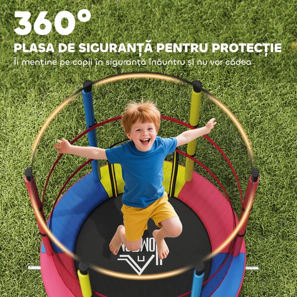 HOMCOM Trambulină pentru Copii 3-6 Ani cu Plasă de Siguranță, Fără Arcuri, Picioare în L, pentru Interior și Exterior, Ø160x190 cm, Multicolor | Aosom Romania