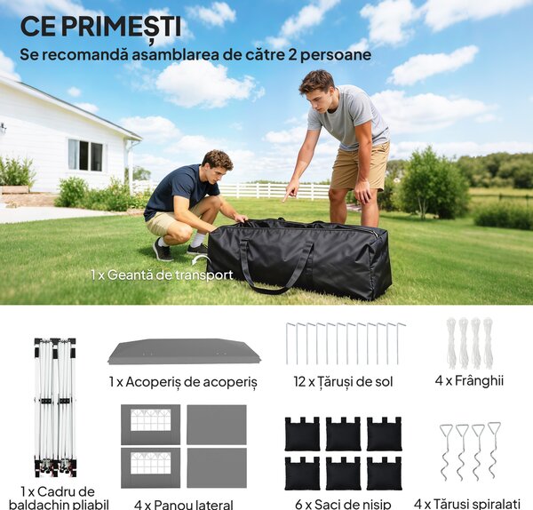 Outsunny Foișor 3x6 m Pliabil Tip Pop-Up cu Înălțime Reglabilă, Pereți Laterali, Benzi Reflectorizante, Saci de Nisip, Geantă de Transport, UV50+, pentru Camping, Petreceri, Gri Deschis | Aosom Romania