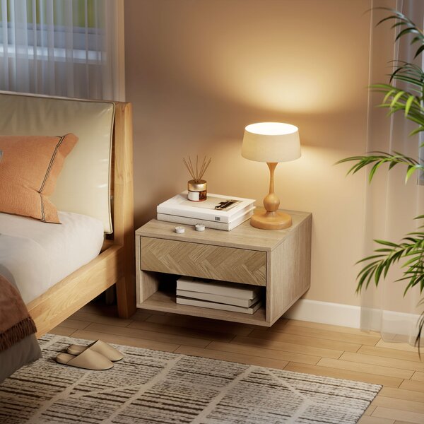 HOMCOM Set de 2 Noptiere Suspendate cu Sertar și Compartiment 37x32x21 cm Lemn Natural | Aosom Romania