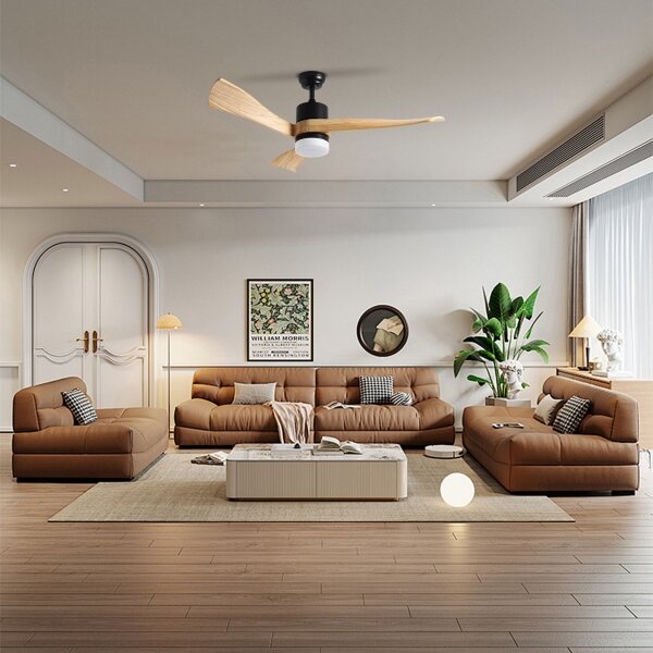ZEVENTI - NATURITO ventilator de tavan LED, 18W, 230V, Wi-Fi Tuya, negru/stejar + telecomandă