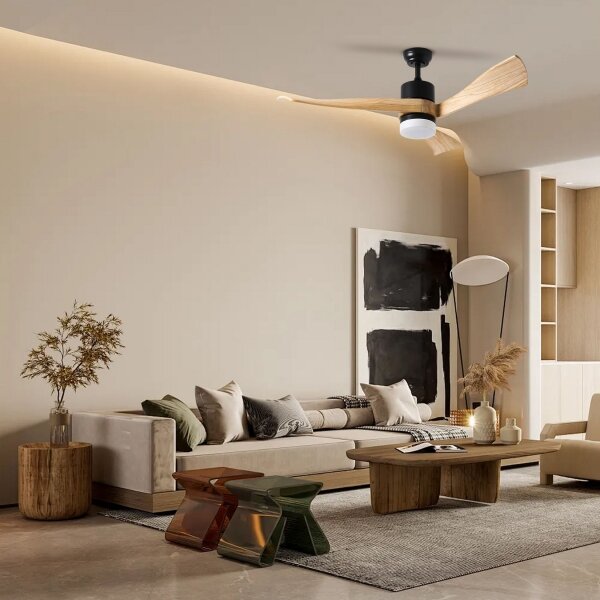 ZEVENTI - NATURITO ventilator de tavan LED, 18W, 230V, Wi-Fi Tuya, negru/stejar + telecomandă
