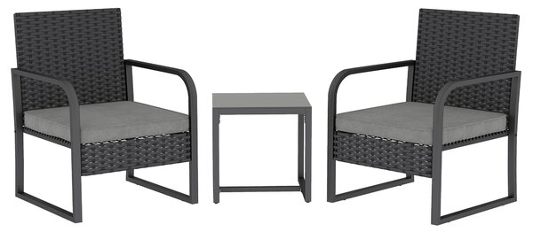 Outsunny Set de Grădină 3 Piese din Rattan PE și Oțel, Set cu 2 Fotolii cu Perne Lavabile și Măsuță de Cafea cu Blat din Sticlă, Set de Mobilier pentru Balcon, Terasă sau Curte, Gri Închis și Negru | Aosom Romania