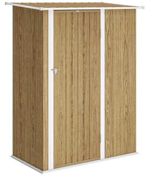 Outsunny Căsuță pentru Grădină 1.07m² din Oțel Galvanizat, Căsuță pentru Unelte cu Ușă Blocabilă, Acoperiș Înclinat, 142x86x189 cm, Imitatie Lemn | Aosom Romania