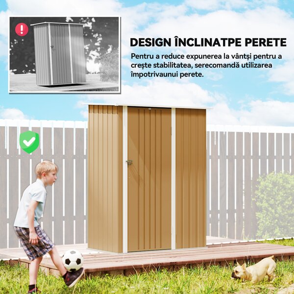 Outsunny Căsuță de Grădină 1.07m² din Oțel Zincat, Căsuță pentru Unelte cu Ușă Blocabilă, Acoperiș Înclinat, 142x86x189 cm, Galben | Aosom Romania