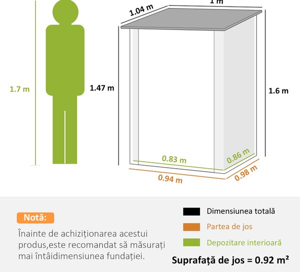 Outsunny Căsuță de Grădină 0,92m² din Oțel Galvanizat, Căsuță pentru Unelte cu Ușă Blocabilă și Acoperiș Înclinat, 100x104x160 cm, Argintiu Gri | Aosom Romania