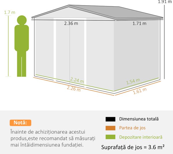 Outsunny Magazie de Grădină 3.6m² din Oțel Galvanizat cu Guri de Ventilație, Magazie de Grădină cu Uși Glisante Duble, Acoperiș Înclinat, Magazie de Unelte cu Mănuși, Gri Deschis | Aosom Romania