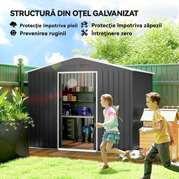 Outsunny Căsuță de Grădină 3.6m² din Oțel Zincat cu Grile de Ventilație, Căsuță de Grădină cu Uși Glisante Duble Blocabile, Acoperiș Înclinat, Căsuță pentru Unelte cu Mănuși, Gri Închis | Aosom Romania