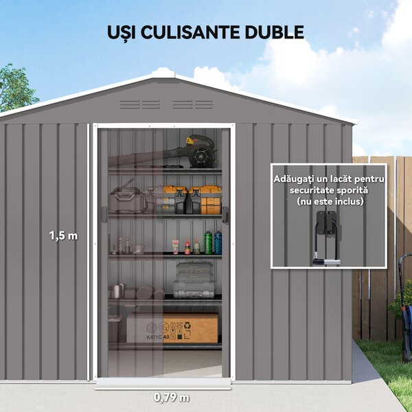 Outsunny Magazie de Grădină 3.6m² din Oțel Galvanizat cu Guri de Ventilație, Magazie de Grădină cu Uși Glisante Duble, Acoperiș Înclinat, Magazie de Unelte cu Mănuși, Gri Deschis | Aosom Romania