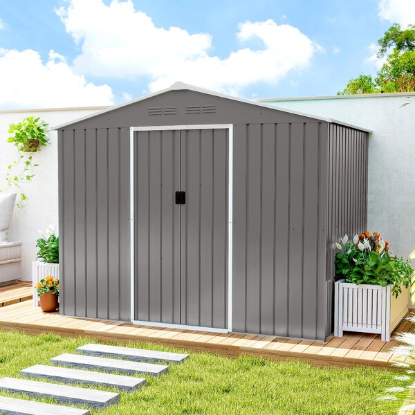 Outsunny Magazie de Grădină 3.6m² din Oțel Galvanizat cu Guri de Ventilație, Magazie de Grădină cu Uși Glisante Duble, Acoperiș Înclinat, Magazie de Unelte cu Mănuși, Gri Deschis | Aosom Romania