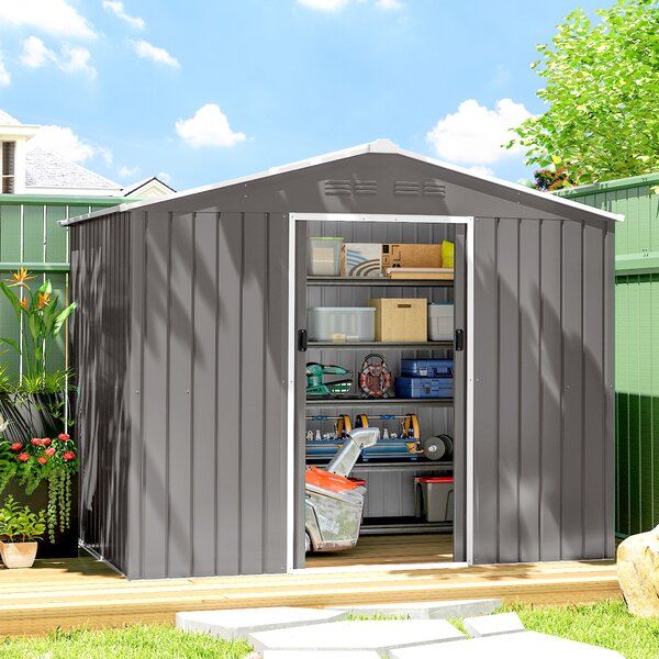 Outsunny Magazie de Grădină 3.6m² din Oțel Galvanizat cu Guri de Ventilație, Magazie de Grădină cu Uși Glisante Duble, Acoperiș Înclinat, Magazie de Unelte cu Mănuși, Gri Deschis | Aosom Romania