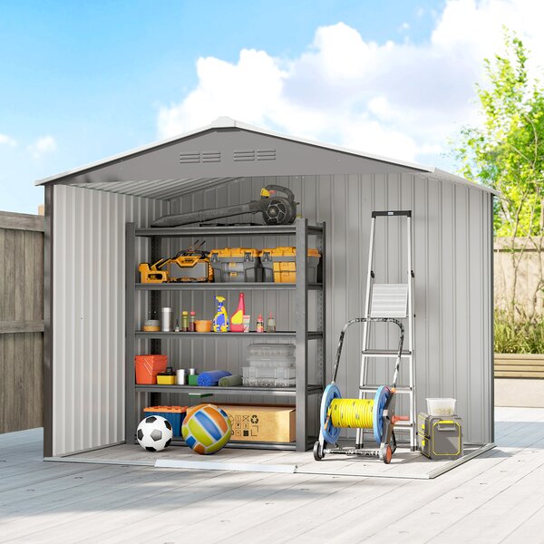 Outsunny Magazie de Grădină 3.6m² din Oțel Galvanizat cu Guri de Ventilație, Magazie de Grădină cu Uși Glisante Duble, Acoperiș Înclinat, Magazie de Unelte cu Mănuși, Gri Deschis | Aosom Romania