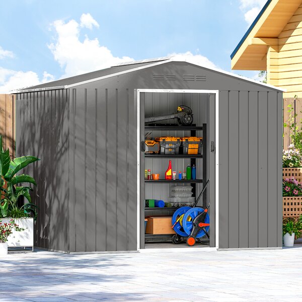 Outsunny Magazie de Grădină 3.6m² din Oțel Galvanizat cu Guri de Ventilație, Magazie de Grădină cu Uși Glisante Duble, Acoperiș Înclinat, Magazie de Unelte cu Mănuși, Gri Deschis | Aosom Romania
