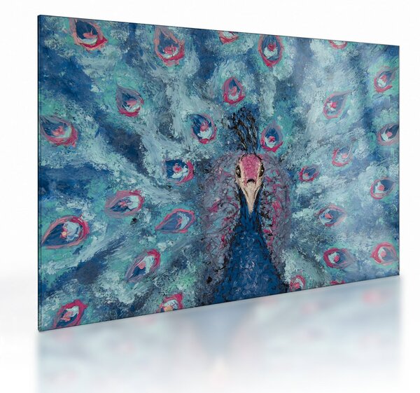 Tablou pe sticlă cu păun pictat (70x50 cm)