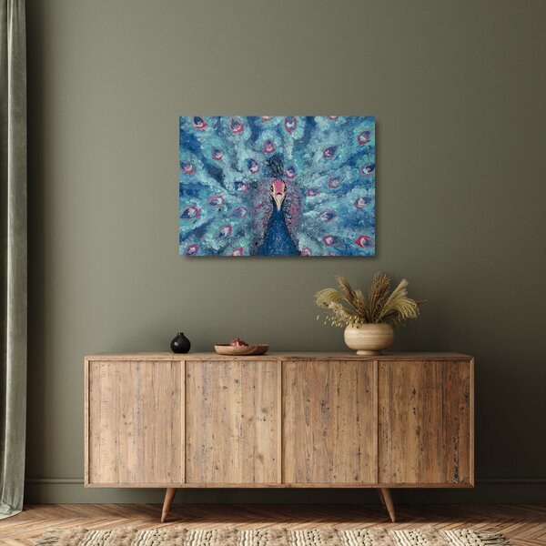 Tablou pe sticlă cu păun pictat (70x50 cm)