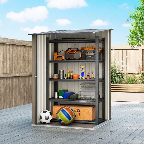Outsunny Căsuță de Grădină 0.92m² din Oțel Galvanizat, Căsuță pentru Unelte cu Ușă Blocabilă și Acoperiș Înclinat, 100x104x160 cm, Maro și Gri Închis | Aosom Romania