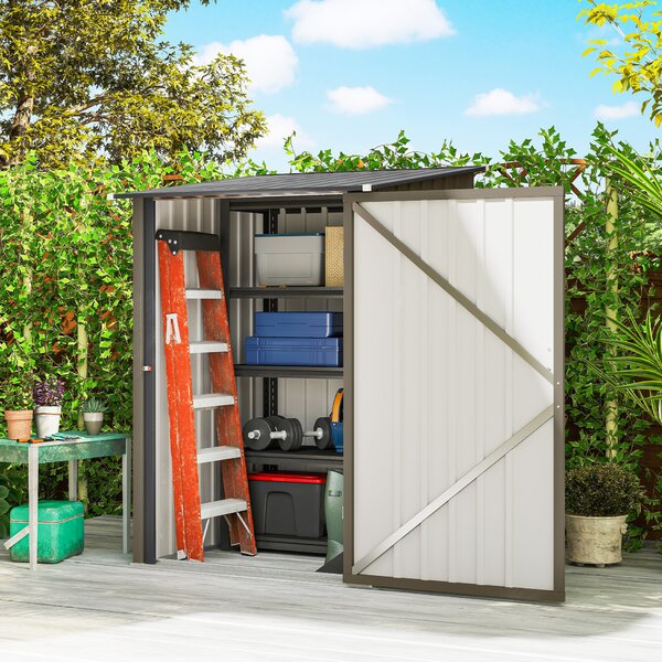 Outsunny Căsuță de Grădină 0.92m² din Oțel Galvanizat, Căsuță pentru Unelte cu Ușă Blocabilă și Acoperiș Înclinat, 100x104x160 cm, Maro și Gri Închis | Aosom Romania