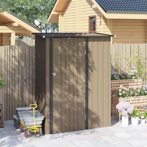 Outsunny Căsuță de Grădină 1.07m² din Oțel Zincat, Depozit pentru Unelte cu Ușă Blocabilă, Acoperiș Înclinat, 142x86x189 cm, Maro | Aosom Romania
