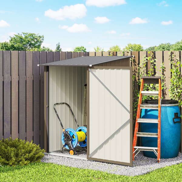 Outsunny Căsuță de Grădină 0.92m² din Oțel Galvanizat, Căsuță pentru Unelte cu Ușă Blocabilă și Acoperiș Înclinat, 100x104x160 cm, Maro și Gri Închis | Aosom Romania