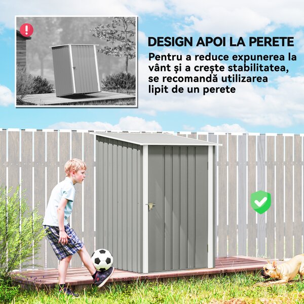 Outsunny Căsuță de Grădină 0.92m² din Oțel Galvanizat, Depozit pentru Unelte cu Ușă Batantă și Sistem de Blocare, Acoperiș Înclinat, 100x104x160 cm, Gri Deschis | Aosom Romania