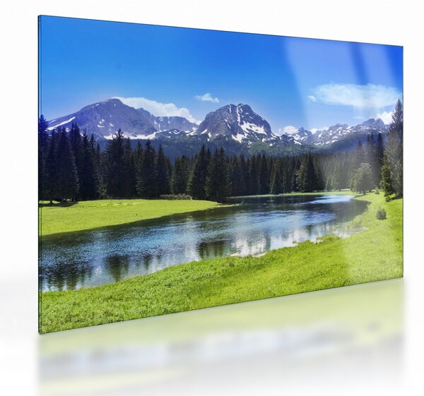 Tablou pe sticlă - vâfurile montane înzăpezite (70x50 cm)