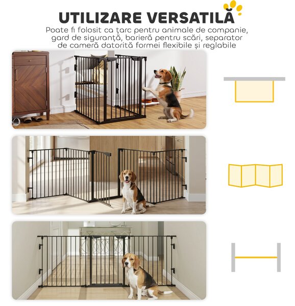 PawHut Poartă pentru Câini de Talie Mică și Medie, Țarc Pliabil cu Structură Modulară cu 5 Panouri, 300x3x74.5 cm, Negru | Aosom Romania