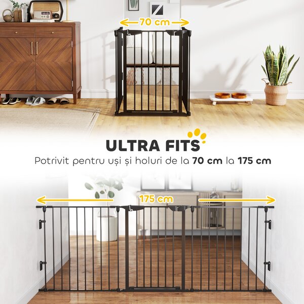 PawHut Poartă pentru Câini de Talie Mică și Medie, Țarc Pliabil cu Structură Modulară cu 5 Panouri, 300x3x74.5 cm, Negru | Aosom Romania