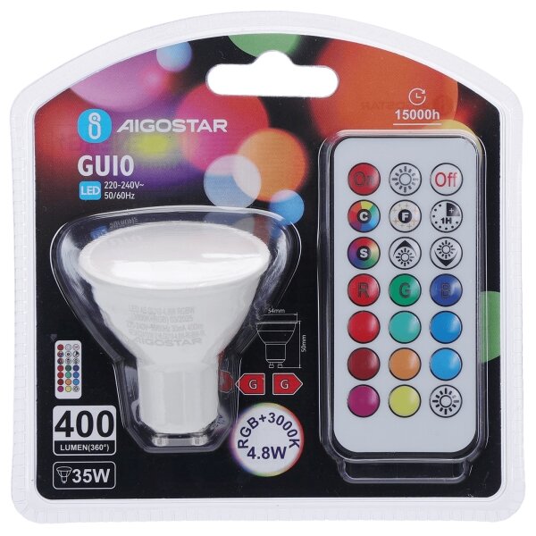 Aigostar - Bec LED RGBW reglabil GU10, 4,8 W, 230 V, 3000 K + telecomandă